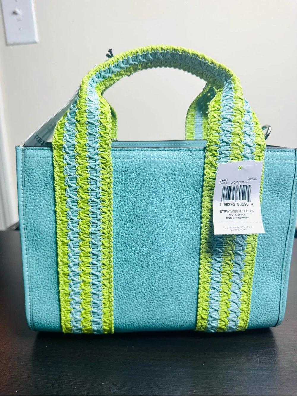 Coach Smith Tote Bag 24 Light Turquoise  straw webbing New NWT